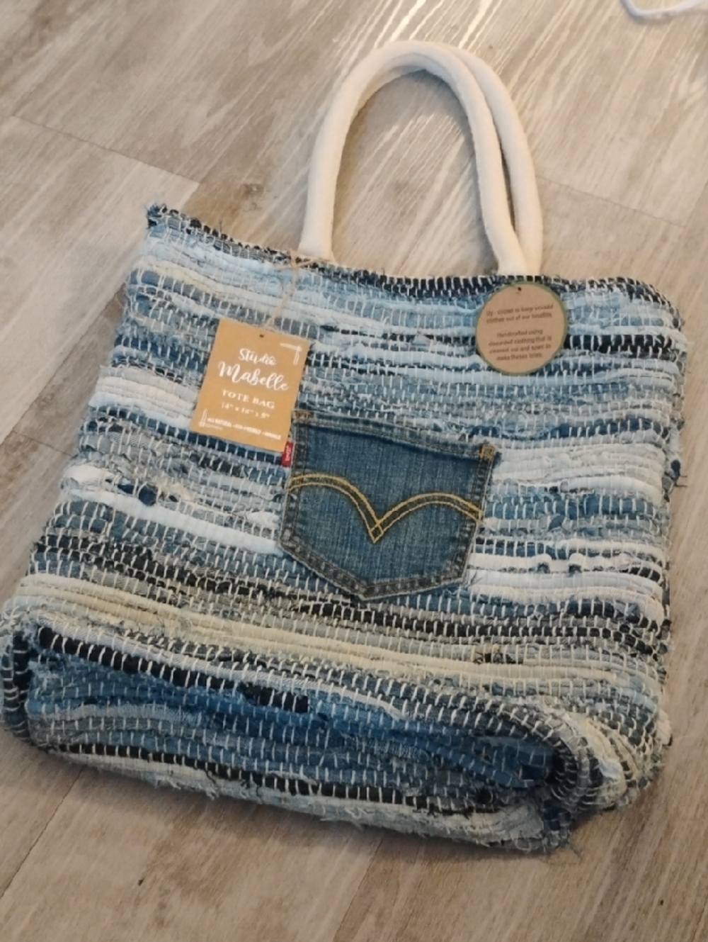 NWT Striped Upcycled Denim Patch Tote Bag with Pocket - Blue & White🆕✨